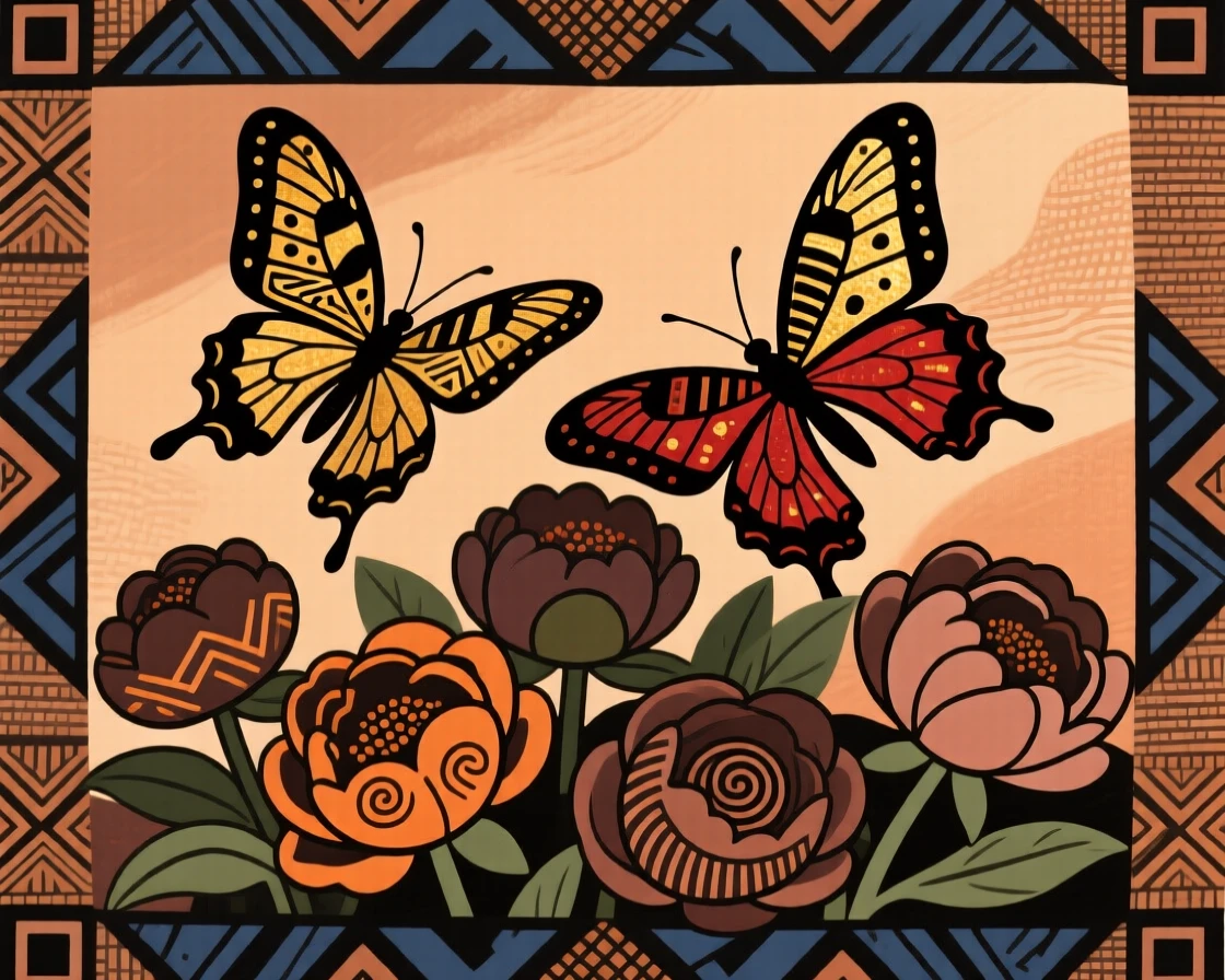 A butterfly pair fluttering above a cluster of peonies, wings catching the light as they circle each other