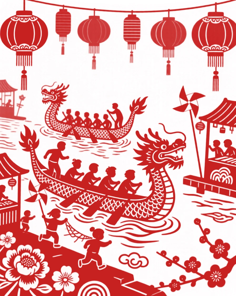 A scene of a riverside dragon boat race, where children weave between stalls chasing paper windmills, with red lanterns swaying gently overhead.