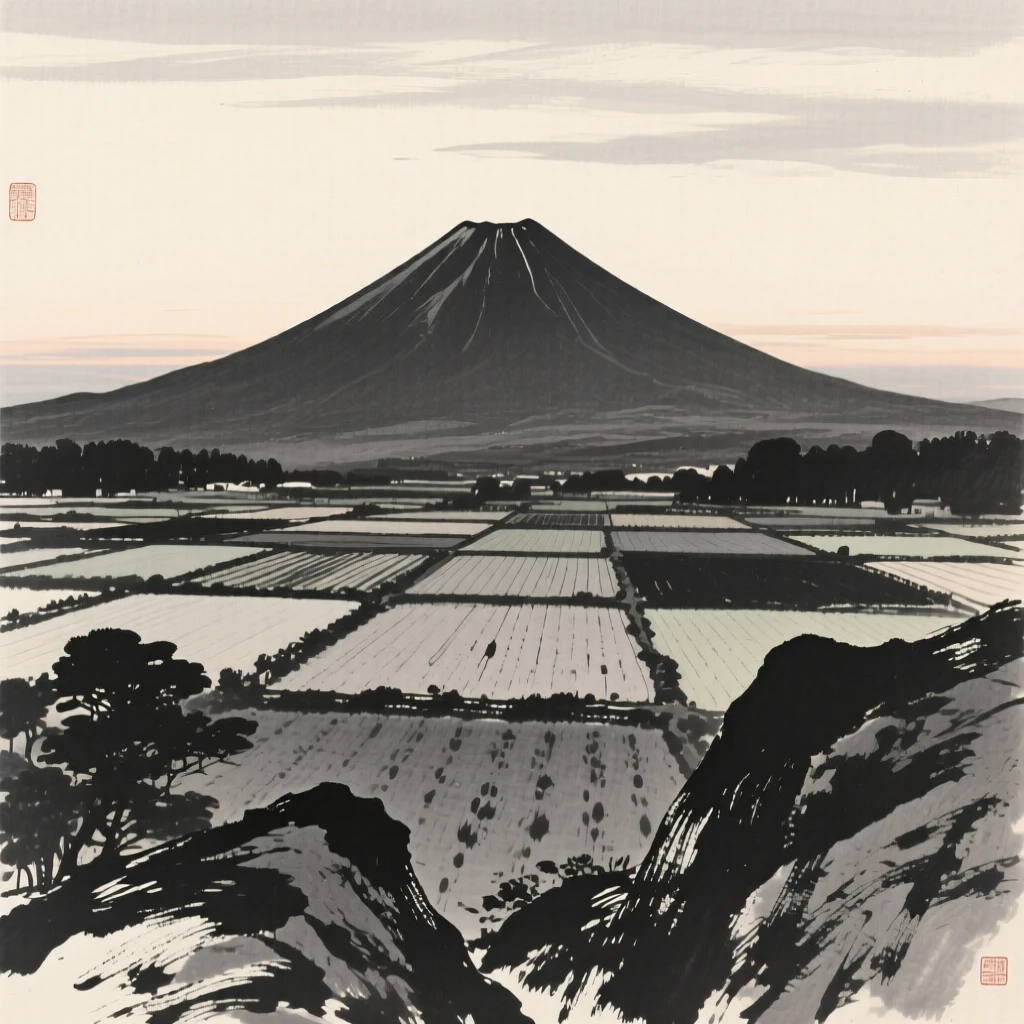 A distant volcano rising above a patchwork of fields as evening shadows stretch long across the land, framed low, with the foreground rocks leading the eye toward the distance, evoking a deep sense of solitude and quiet grandeur.