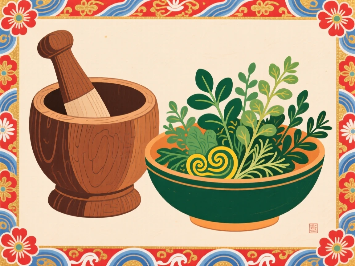 A wooden mortar and pestle beside a bowl of freshly ground herbs.