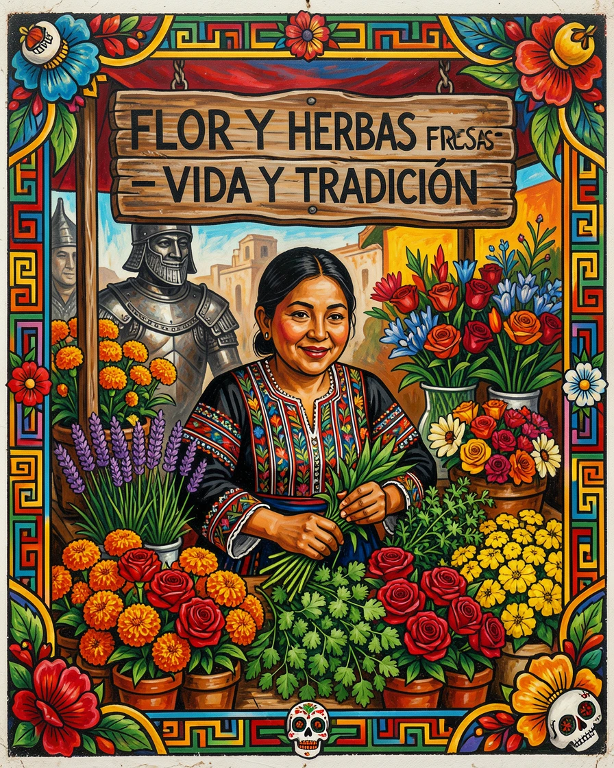 A market vendor arranging fresh flowers and herbs