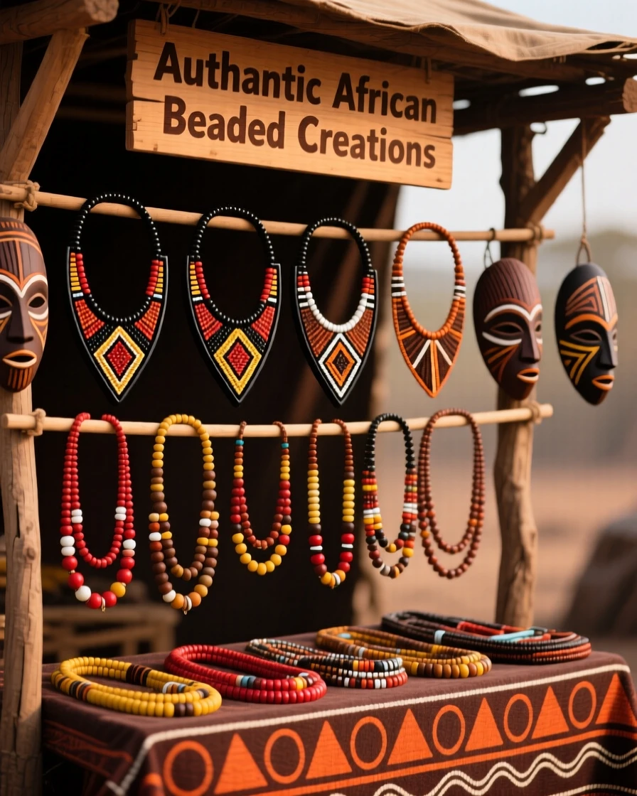 A display of beaded necklaces displayed proudly at a craft stall.