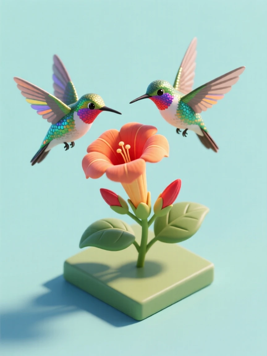 A pair of hummingbirds hovering beside a blooming trumpet flower, wings a blur of iridescent color in the sunlight.