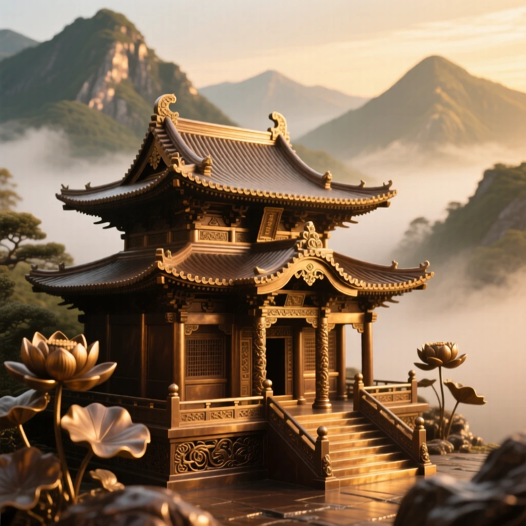 A serene buddhist temple nestled in misty mountains, bathed in warm, golden light, exuding timeless grandeur
