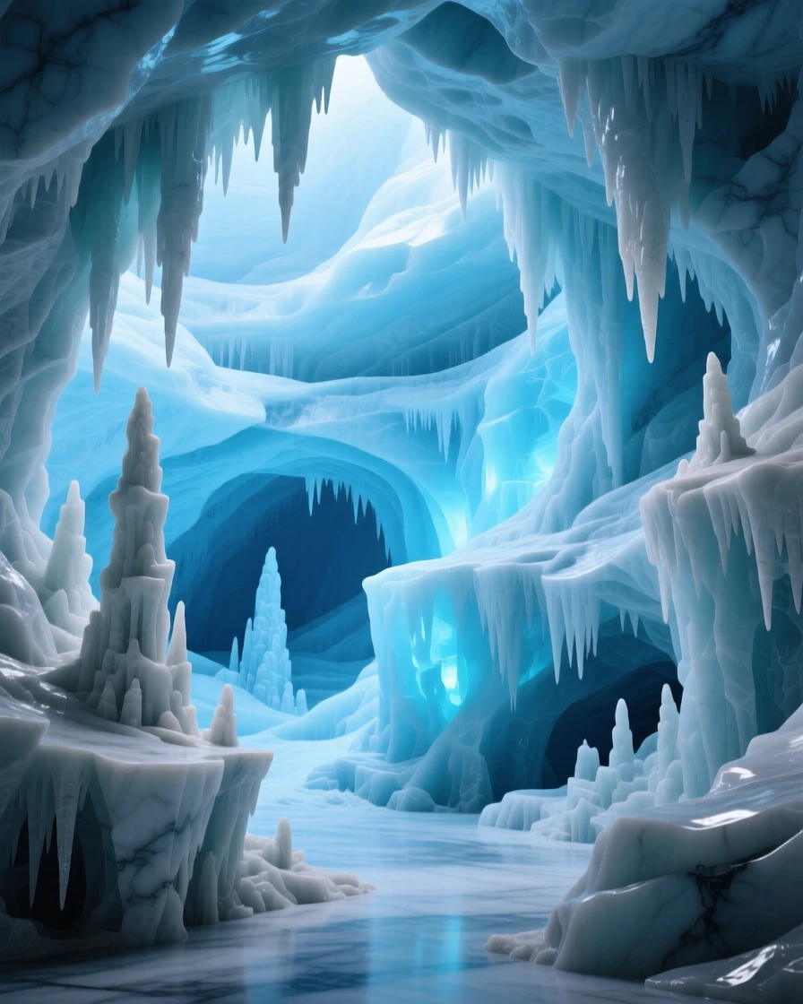 A sweeping, cinematic composition of an ice cave glowing blue from within, capturing the raw beauty of the natural world