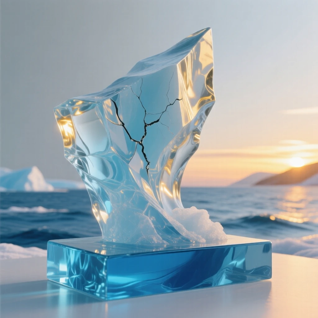A glacier calving into an icy blue sea bathed in the warm glow of sunset, rich saturated colors, evoking a deep sense of wonder.