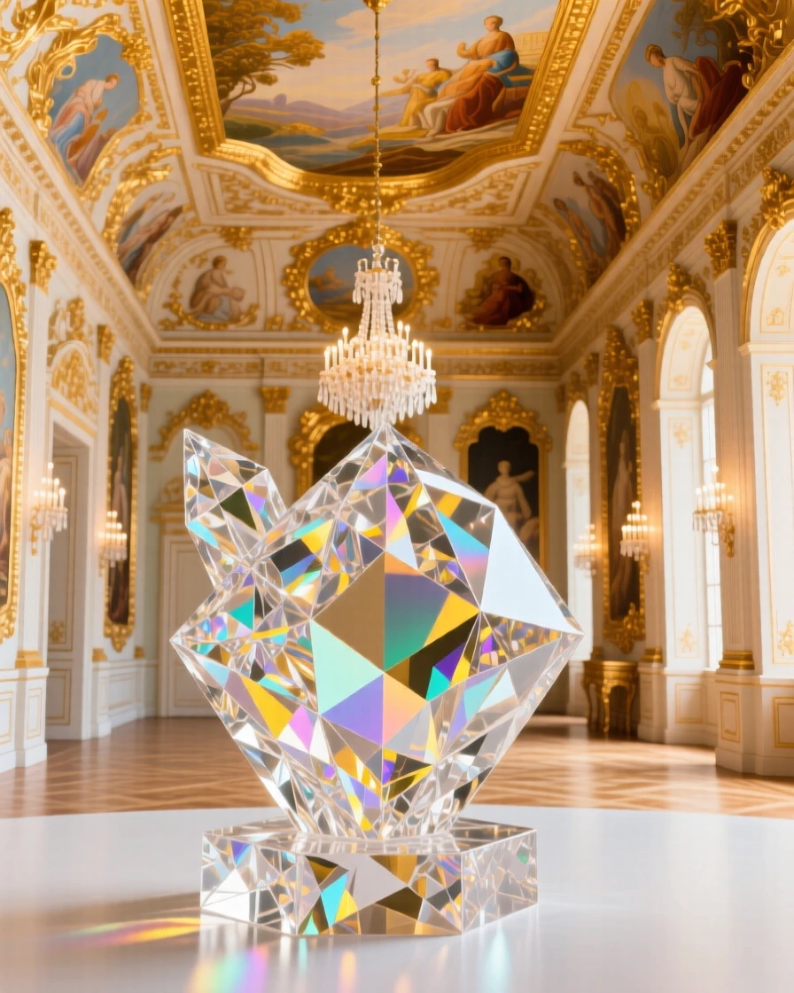 The interior of a grand palace ballroom with gold leaf ceiling frescoes.