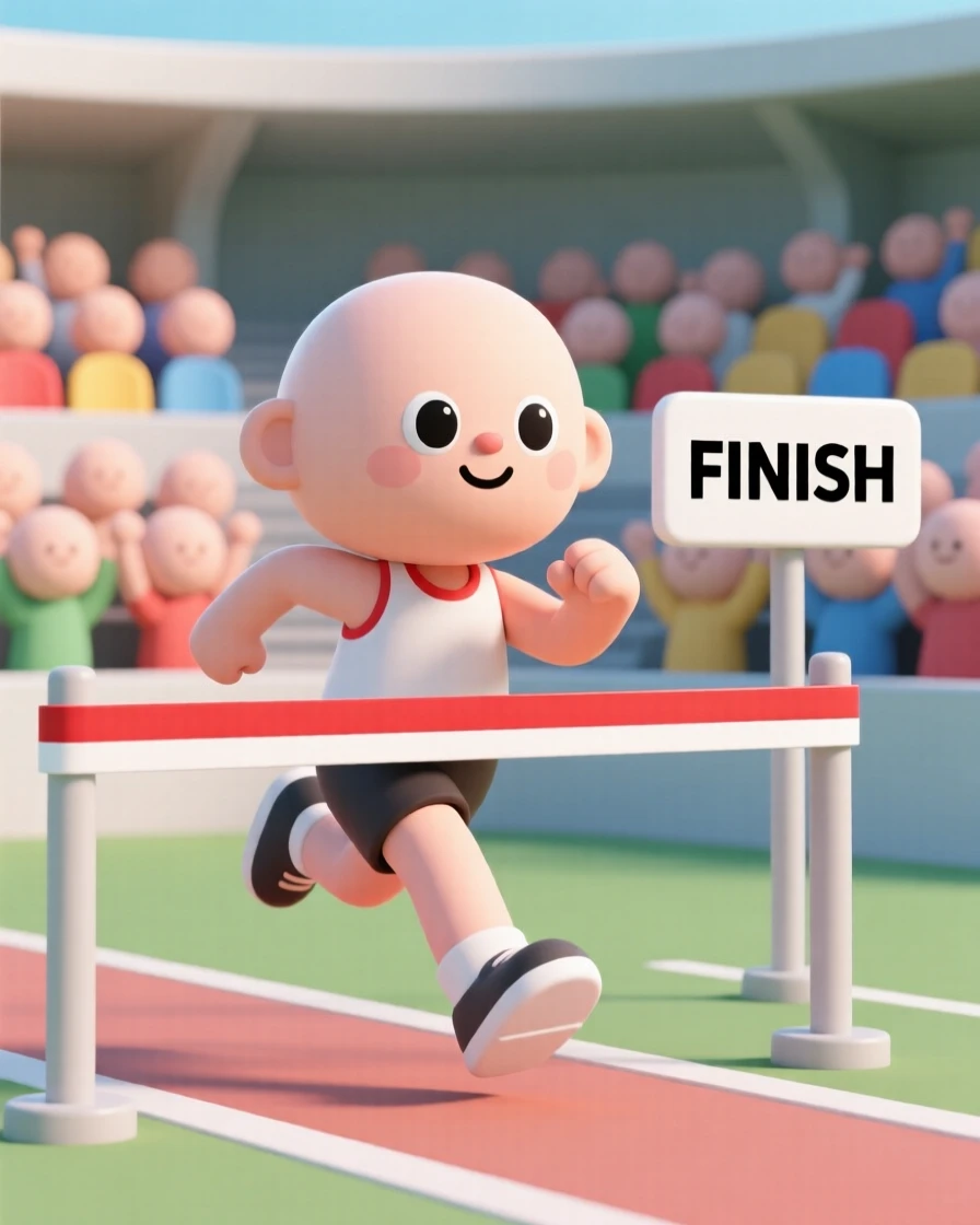 A determined athlete sprints across a finish line, arms pumping as a stadium crowd erupts into cheers.