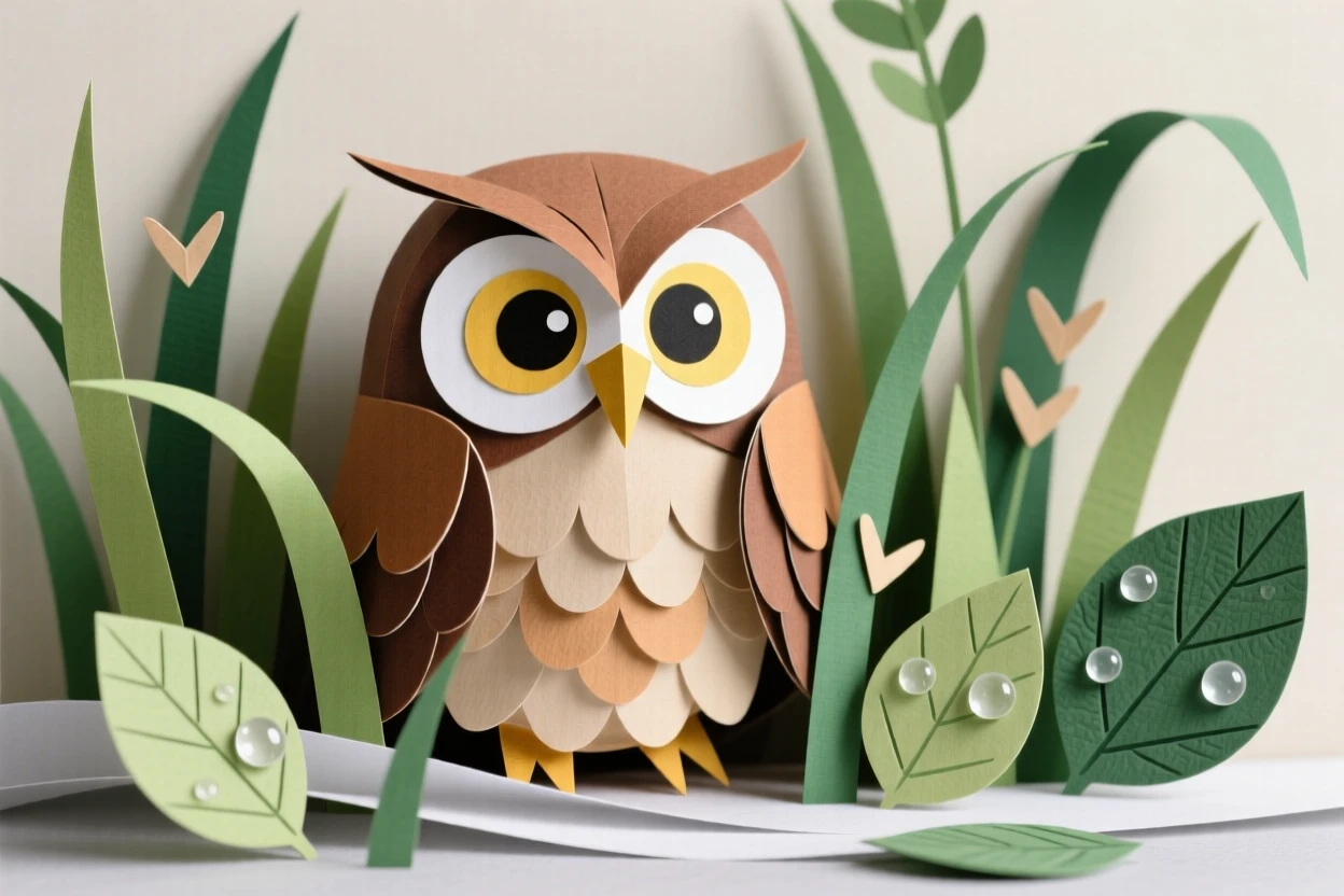 A wise old owl peeking out from tall grass, with dew glistening on nearby leaves, capturing playful joy and warmth.