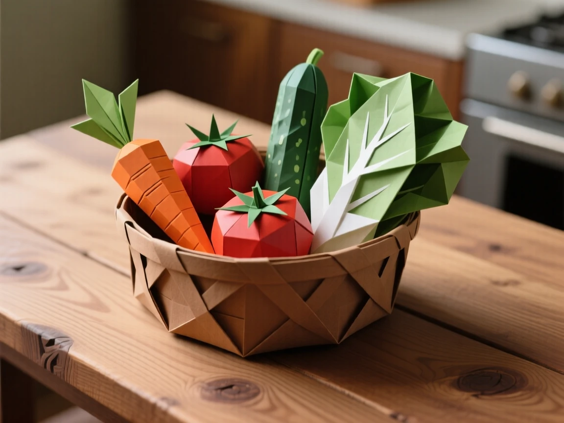 A basket of fresh vegetables from the garden sitting on a rustic wooden kitchen table.
