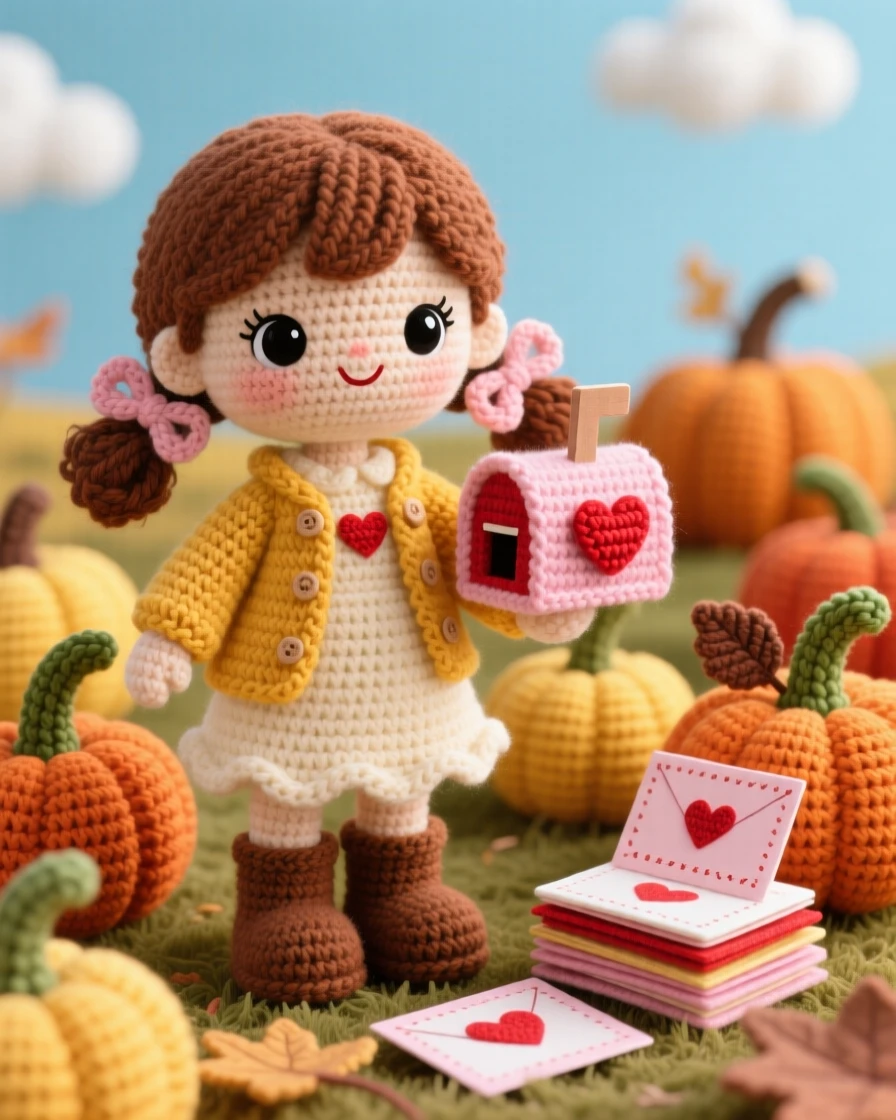 A festive scene of a little girl with a paper heart mailbox collecting valentines, opening a small stack of handmade cards within a golden pumpkin patch under a crisp autumn sky; a scattering of fallen leaves or petals nearby, radiating festive excitement and shared celebration.