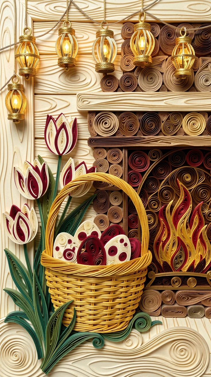 A festive holiday scene of a springtime Easter basket nestled among tulips beside a crackling fireplace in a rustic cabin, in a festive palette of gold, ivory, and deep crimson, framed by strings of glowing lanterns.