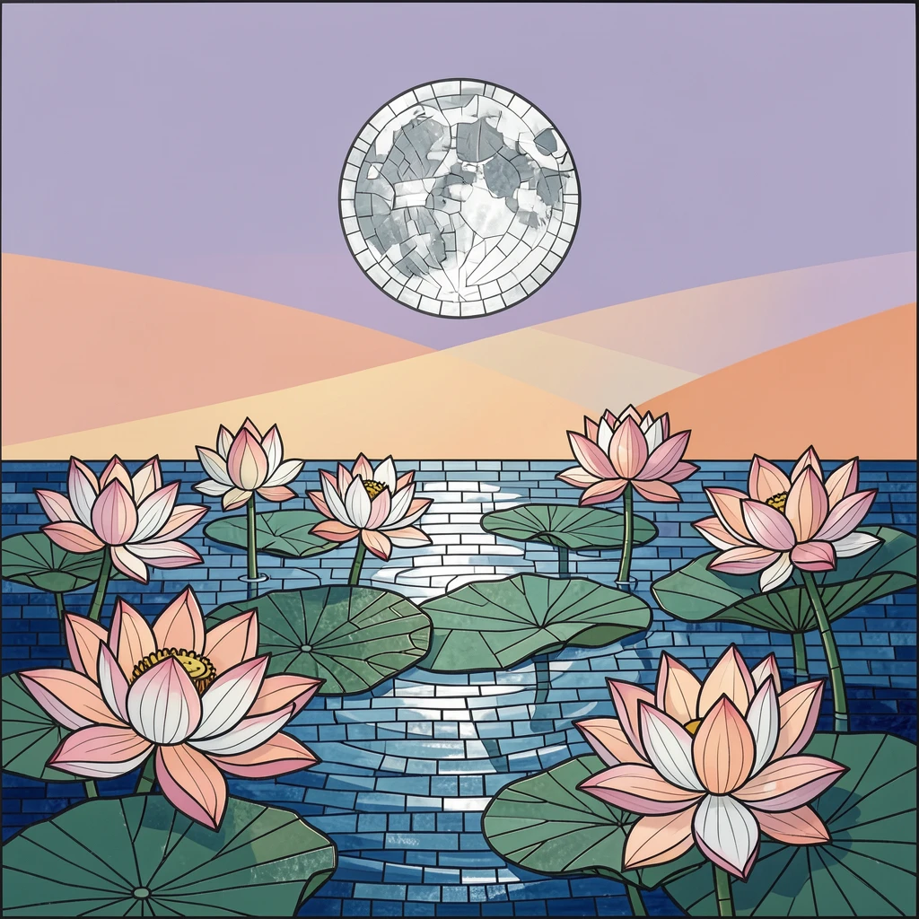 A peaceful pond covered in blooming lotus flowers at sunrise, glowing under the silver light of a full moon.
