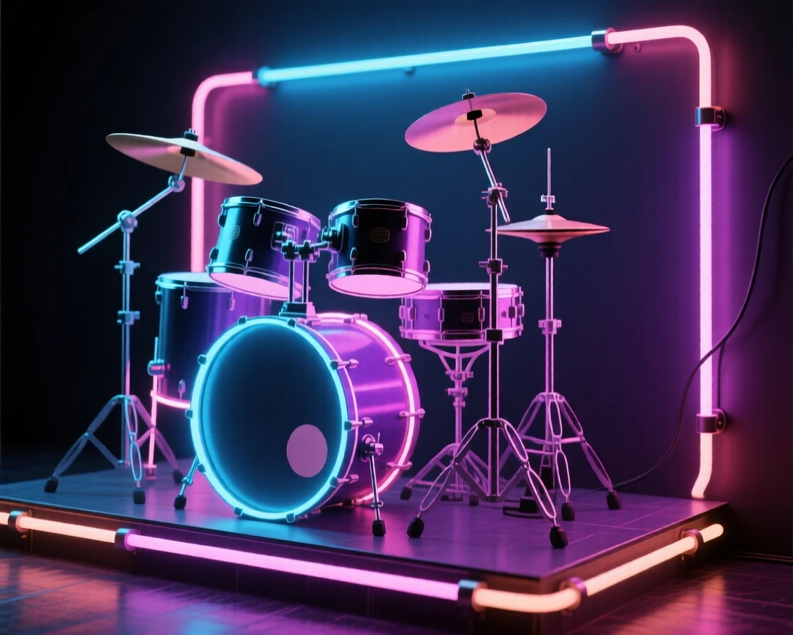 A drum kit set up on a small stage before a show.