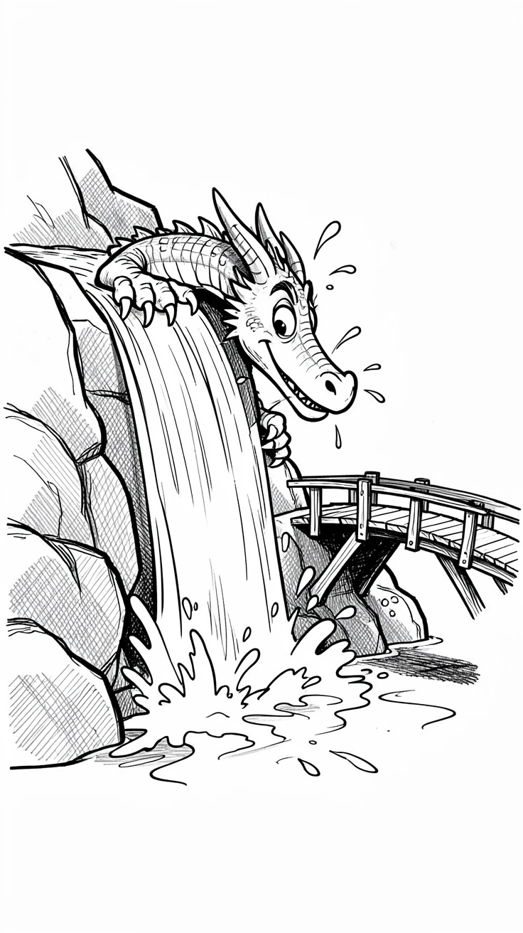 A dragon peeking out from behind a waterfall beside a drawbridge at dusk.