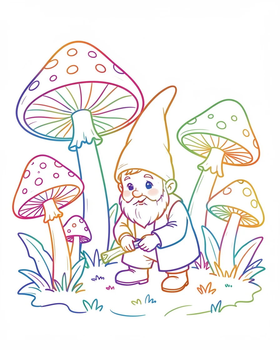 A tiny gnome character tending a garden of oversized mushrooms.