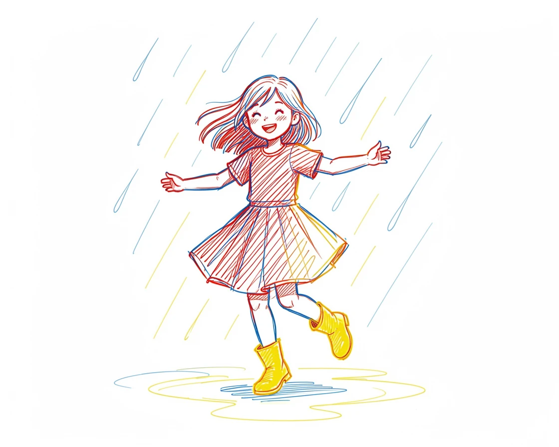 A little girl dancing in the rain in bright yellow boots