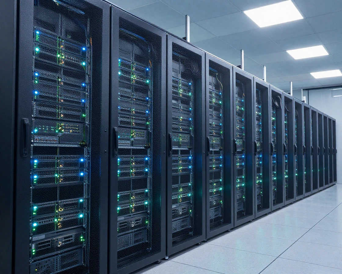 A data center filled with glowing server racks