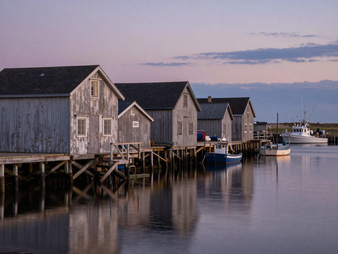 A row of weathered fishing shacks leans over a still harbor at dusk.
