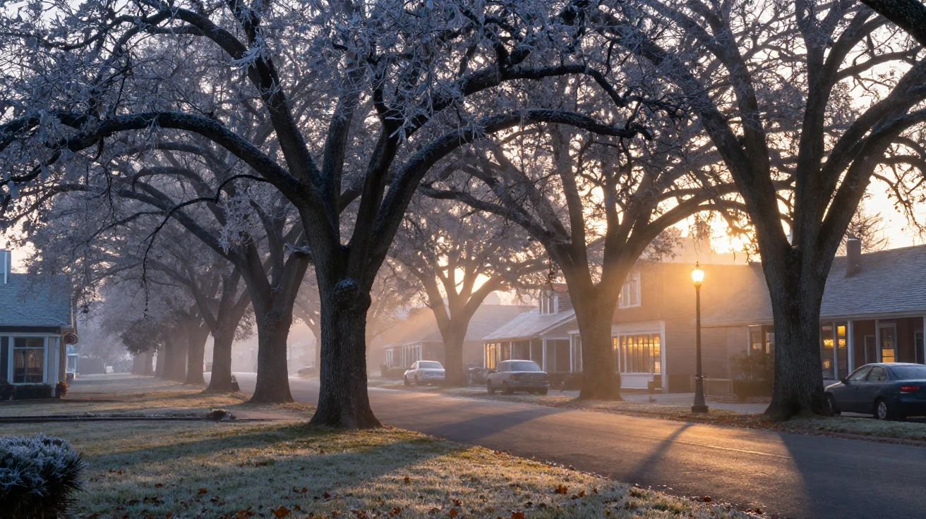 A row of tall oak trees dusted with the season's first frost as the town slowly wakes