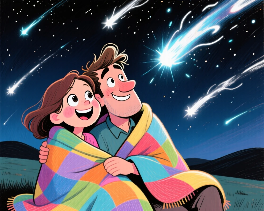 A couple watching a meteor shower together, wrapped in a shared blanket.