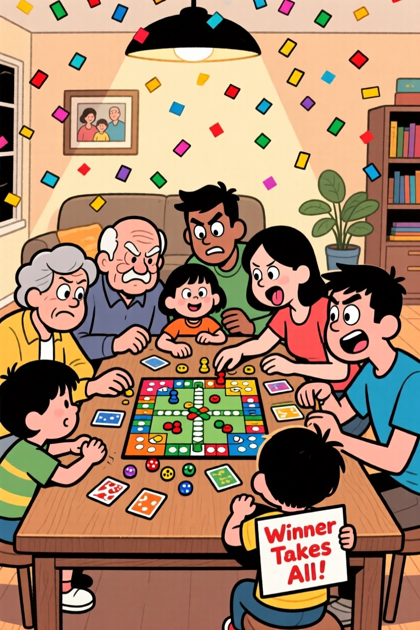 A heartwarming scene of a large extended family playing a board game that has clearly gotten too competitive, as confetti drifts down around them.