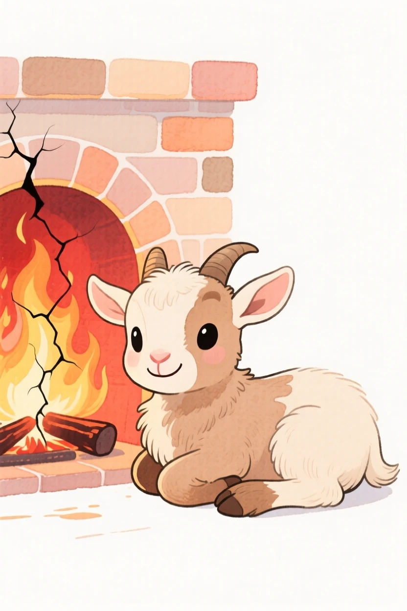 A baby goat curled up next to a crackling fireplace