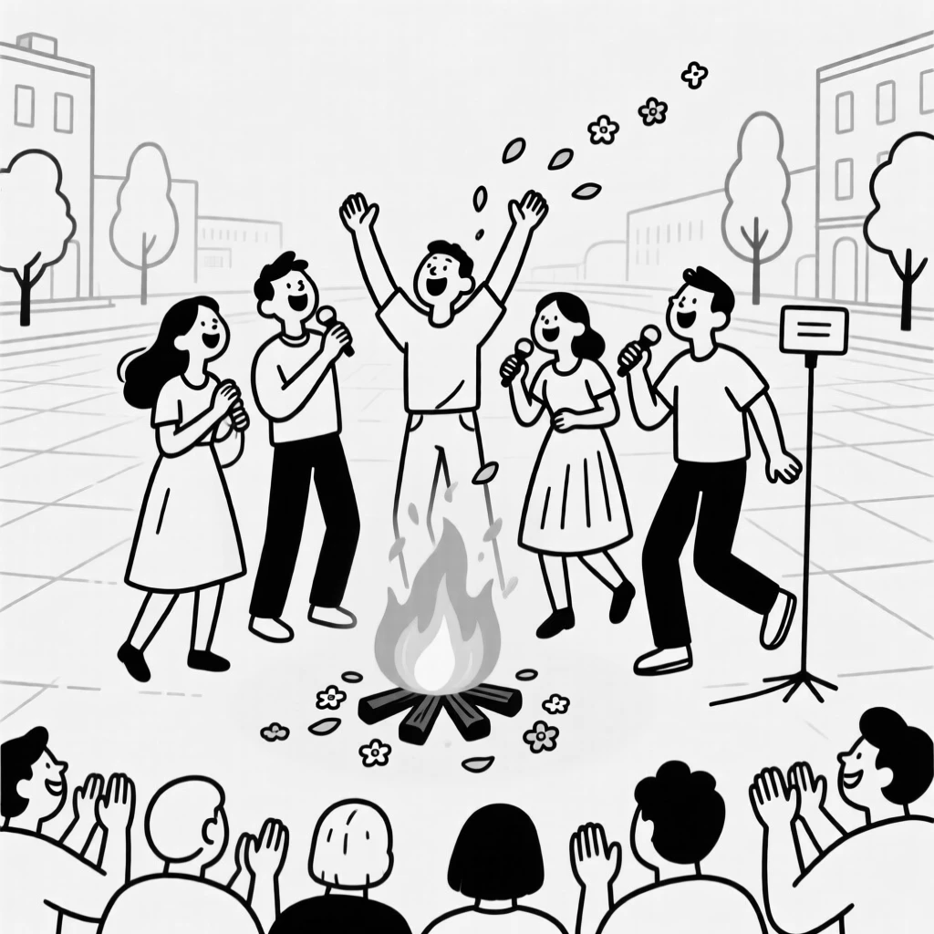 A group singing together around a bonfire, waving triumphantly to the cheering crowd below, set in a sunny plaza filled with music. A trail of flower petals leads toward the celebration. There's a deep sense of belonging and festivity in the air.