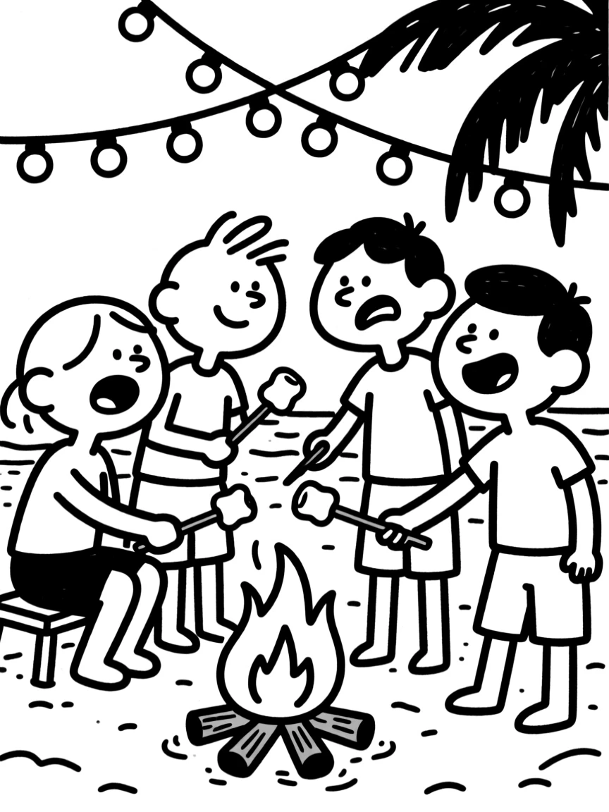 A summer beach bonfire party with friends roasting marshmallows under string lights.