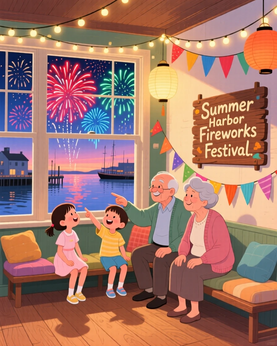 Grandparents and grandchildren spend the evening watching fireworks bloom over a summer harbor in a decorated town hall, with twinkling lights strung overhead.