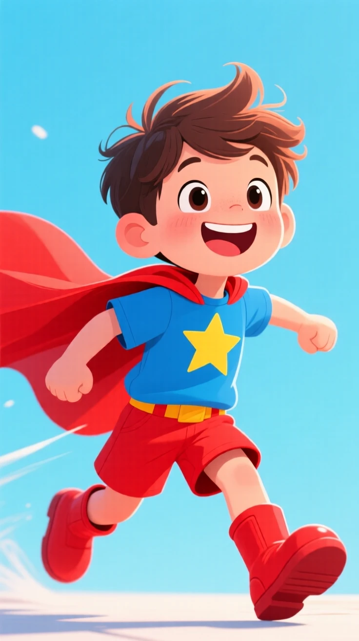 A boy pretending to be a superhero, cape fluttering in the wind.