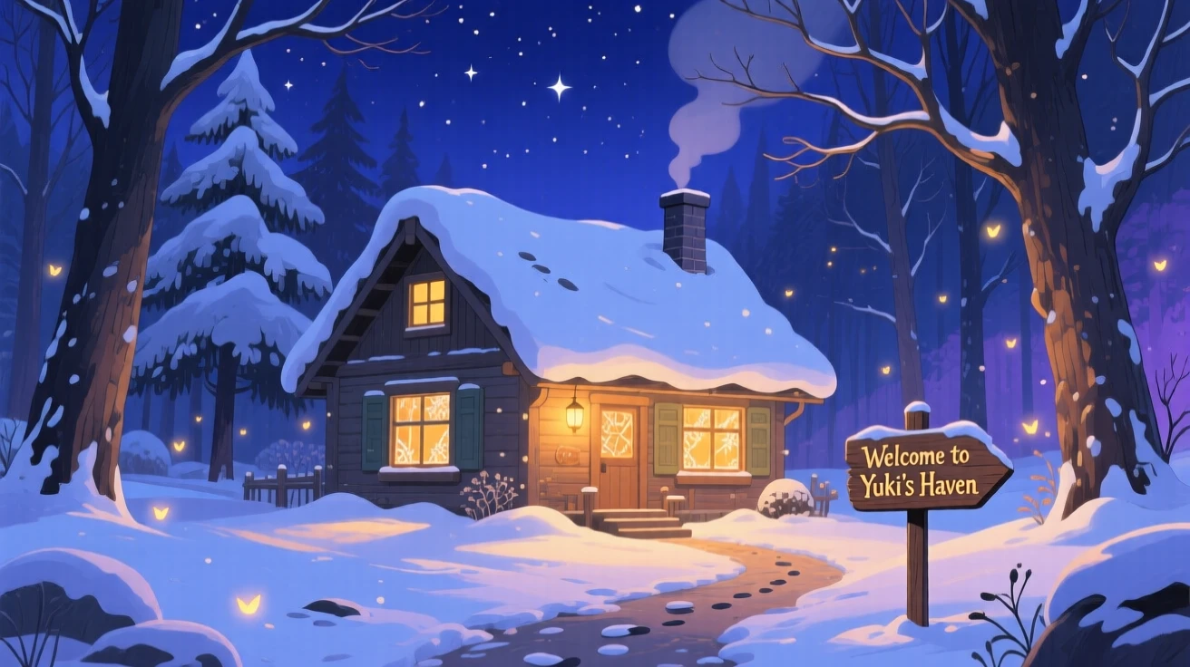 A nighttime scene of a snow-covered cabin glowing warmly against the night sky, quietly enchanting.