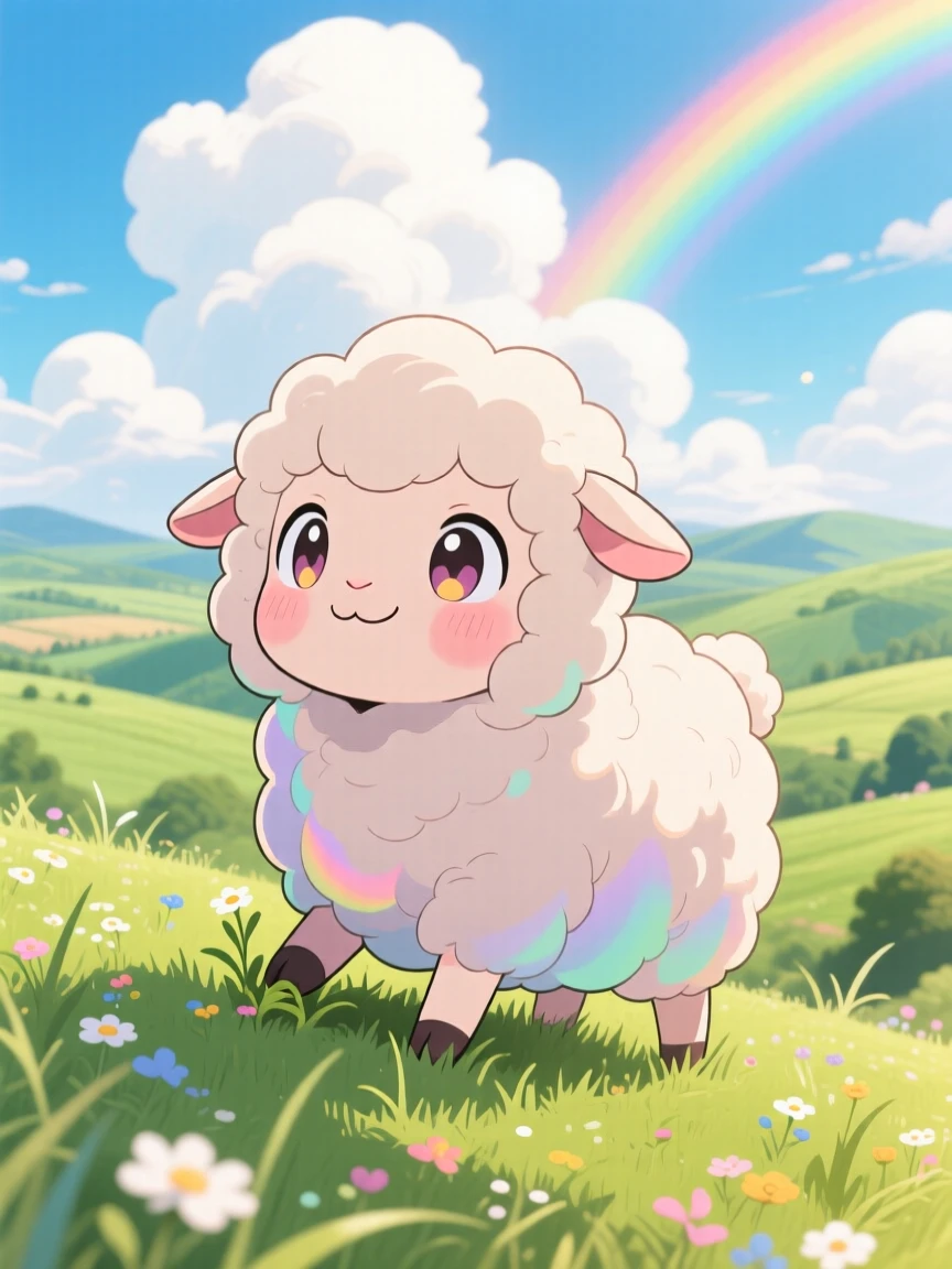 A fluffy sheep grazing on a green hillside beneath fluffy clouds, framed as a waist-up portrait within a pastoral countryside, beneath fluffy drifting clouds, glowing under bright rainbow-tinted light, evoking giggling amusement.