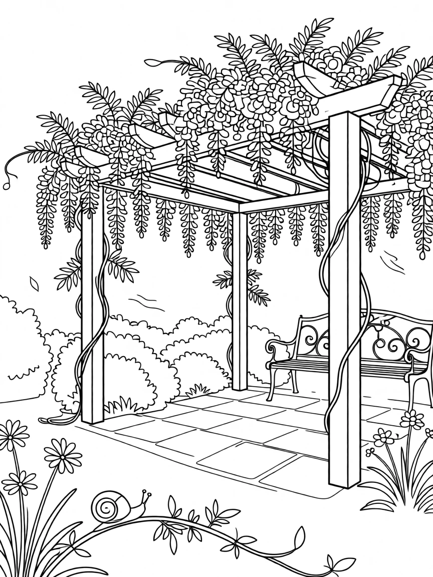 A tangle of wisteria draping over a garden pergola, with a small snail resting on a nearby stem.