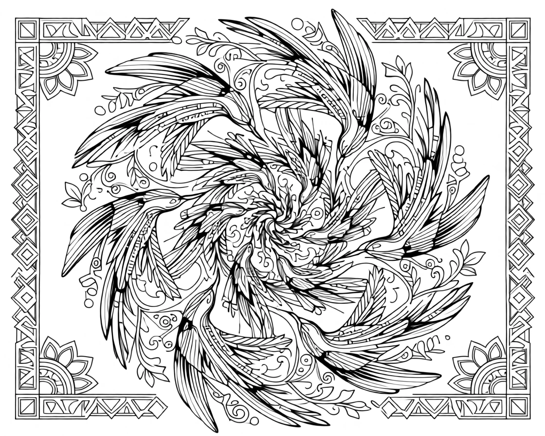A mandala built from a spiral of interlocking hummingbirds.