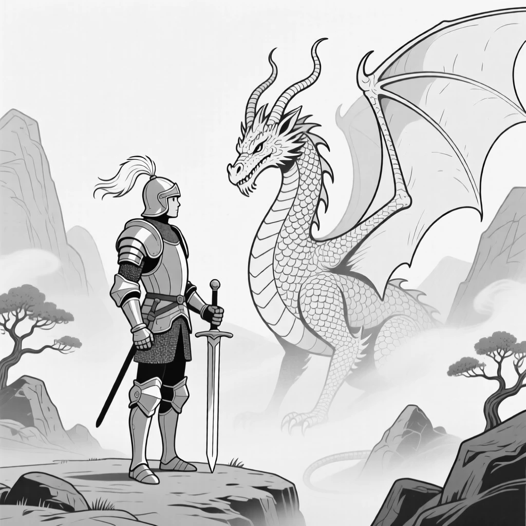 A knight standing before an ancient dragon in a misty valley