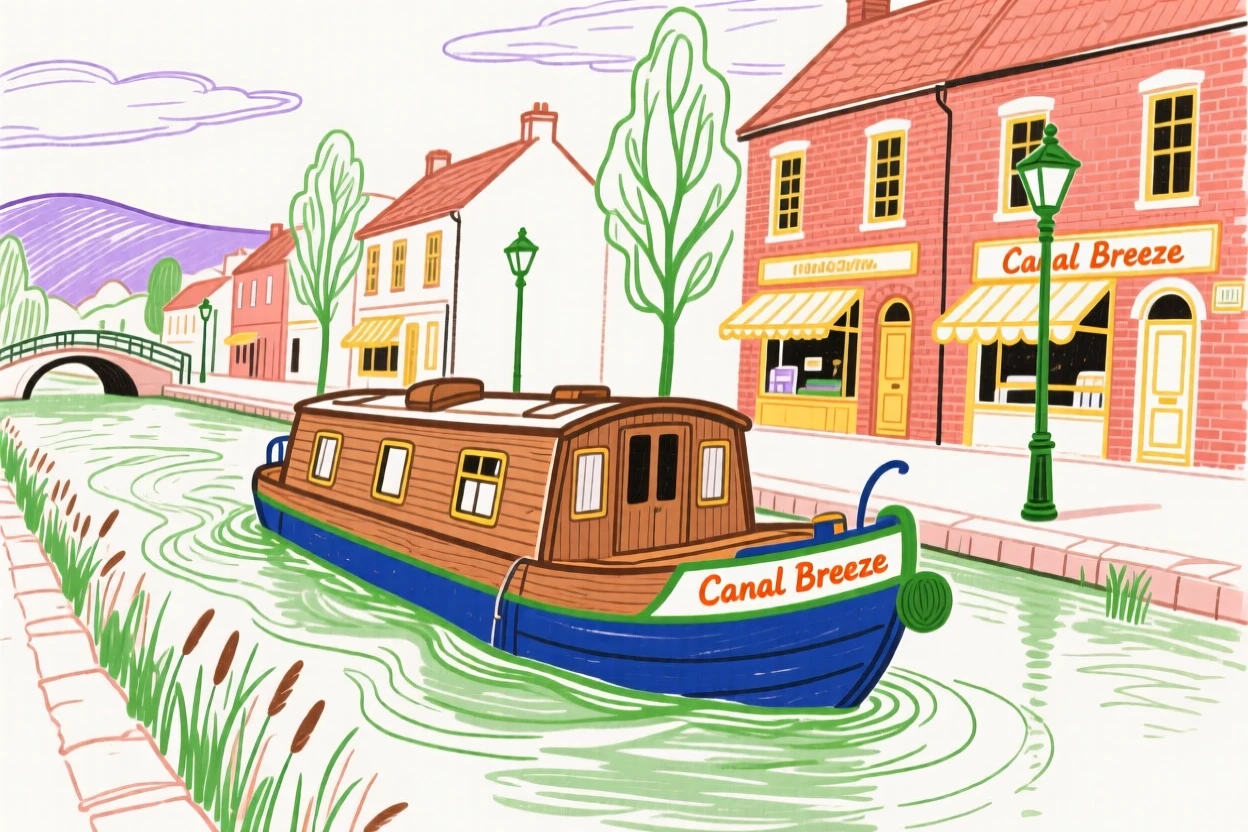A canal boat gliding through a quiet European town.