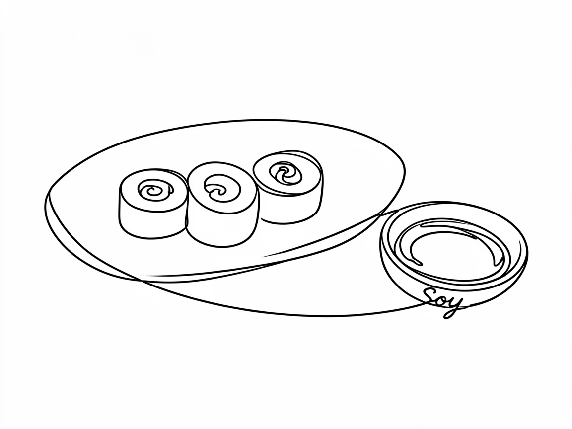 A plate of sushi rolls arranged neatly beside a small dish of soy sauce