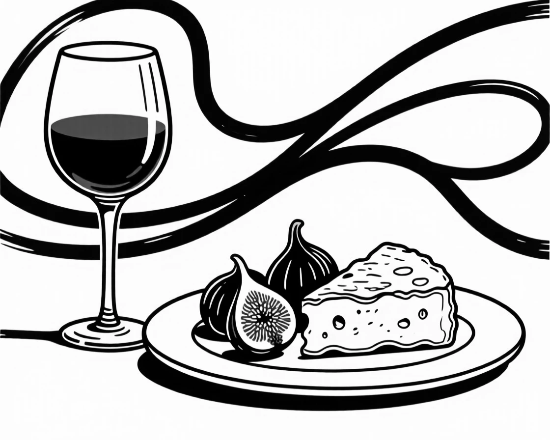 A glass of red wine beside a plate of aged cheese and figs.