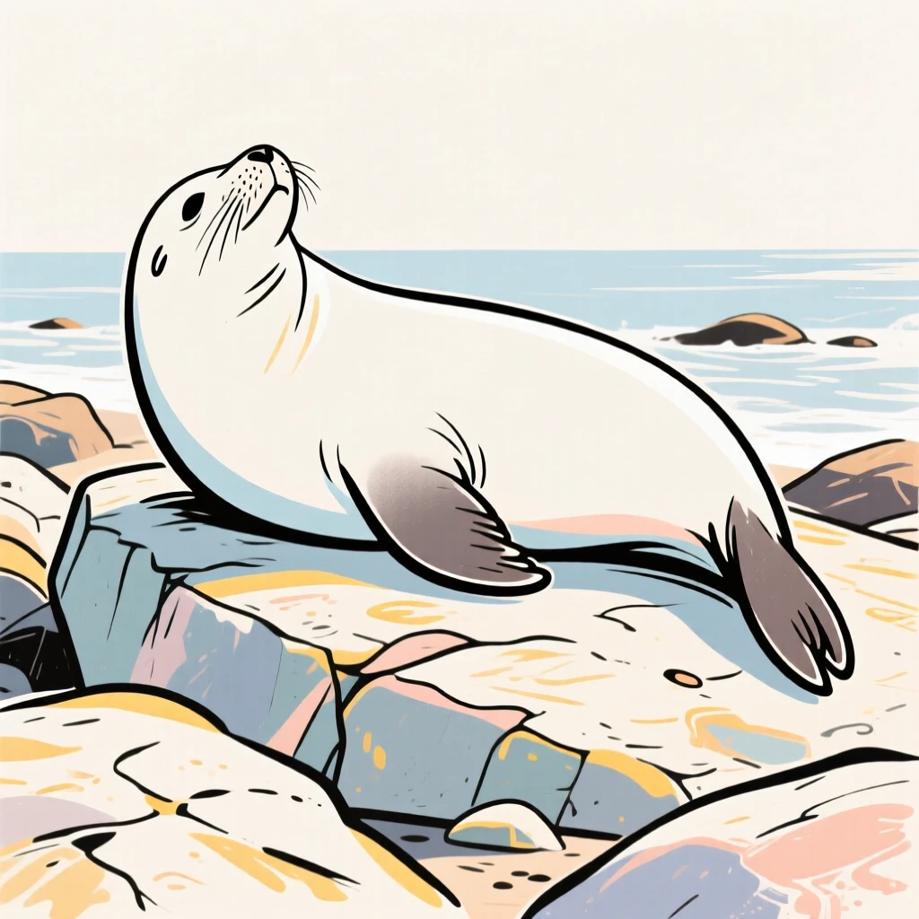 A seal lounging lazily on a sunlit rocky shoreline.