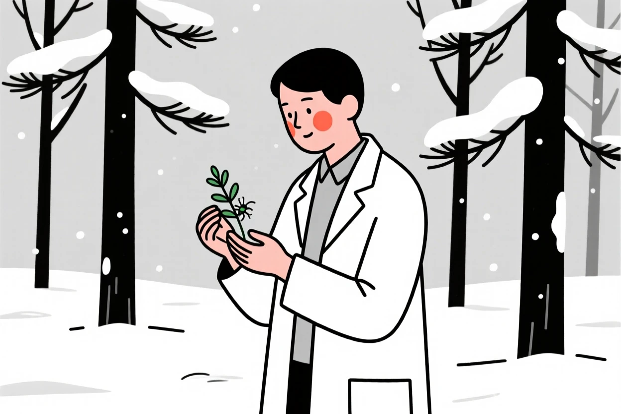 A scientist of peruvian heritage examining a specimen, exuding gentle warmth, in a snow-covered pine forest.