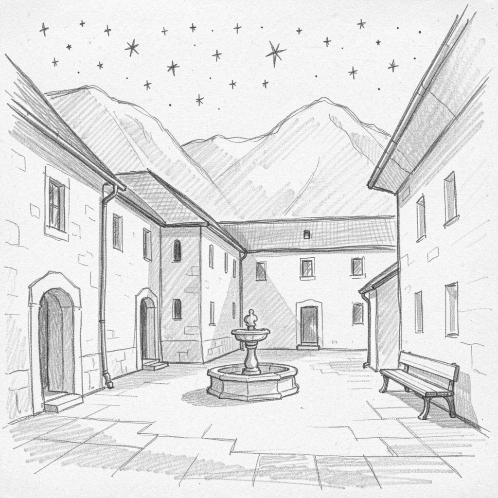 A stunning view of a quiet monastery courtyard under a starlit sky, with distant mountains framing the skyline.