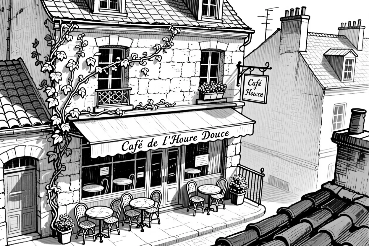 A parisian street cafe framed by surrounding rooftops, featuring climbing vines softening the stonework, rendered in a quietly charming architectural composition.