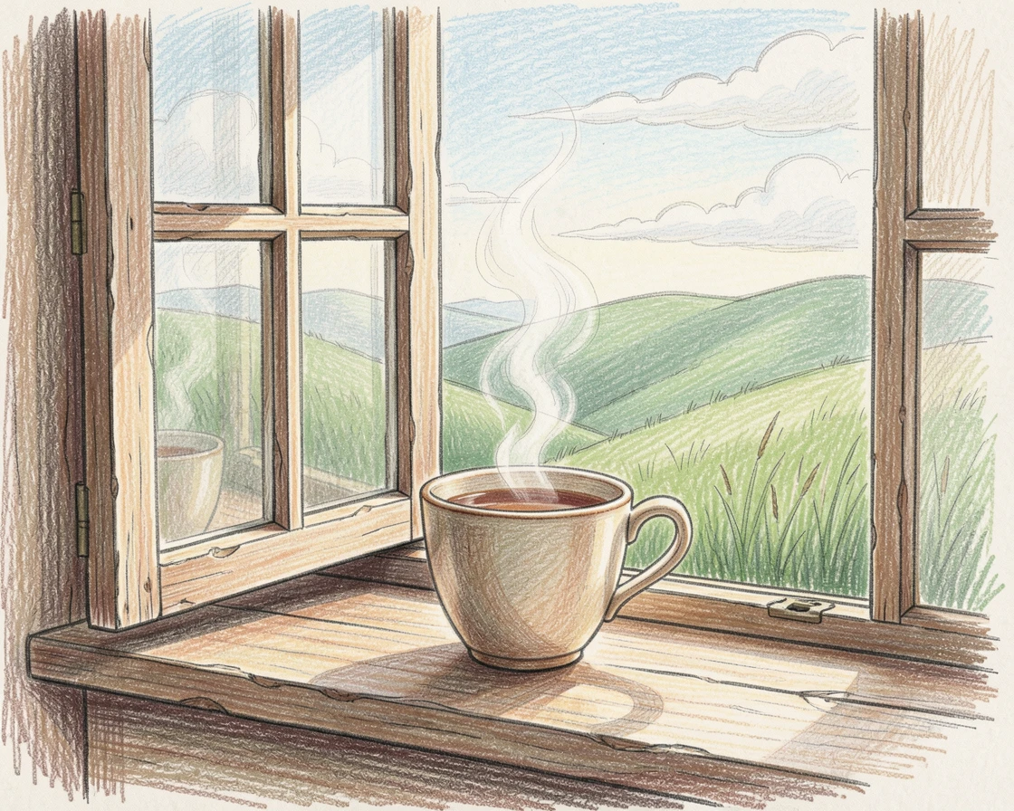 A cup of tea steaming gently beside an open window overlooking hills, with a serene stillness in every detail, celebrating stillness, simplicity, and inner peace.