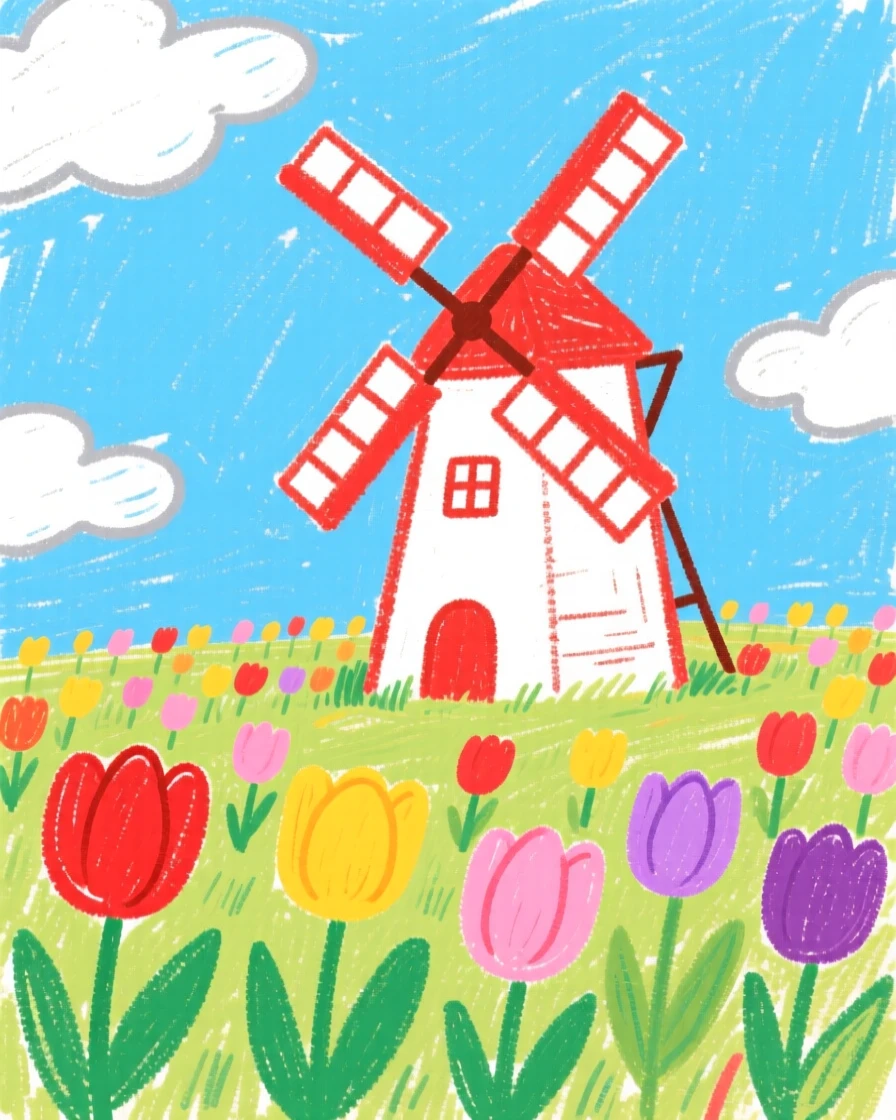 A windmill turning slowly beside a field of tulips.