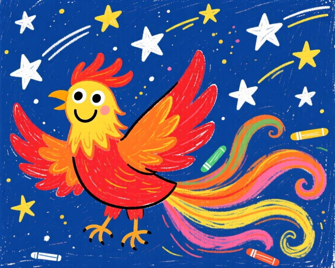A cheerful phoenix with fiery feathers beneath a sky full of shooting stars.