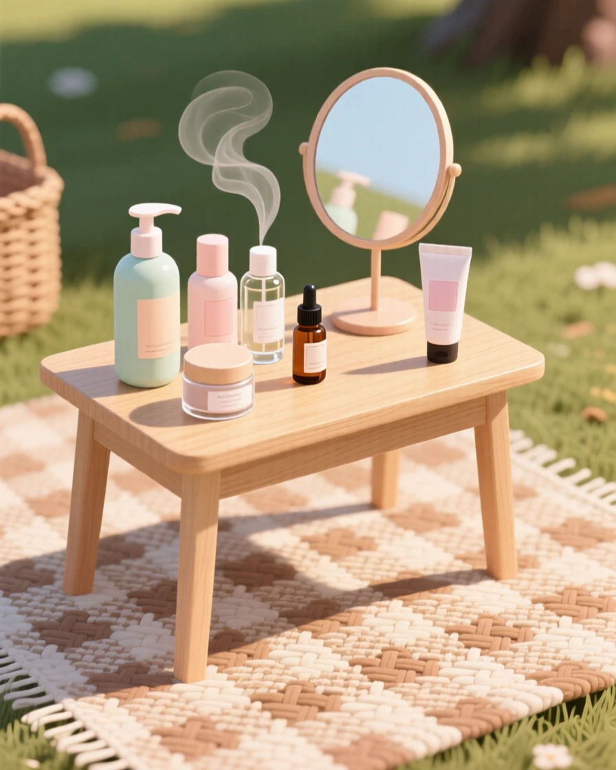 A tidy vanity table with skincare bottles and a small mirror, placed on a woven picnic blanket outdoors, framed closely to highlight comforting small details, with subtle steam rising to add a warm, lived-in feel.