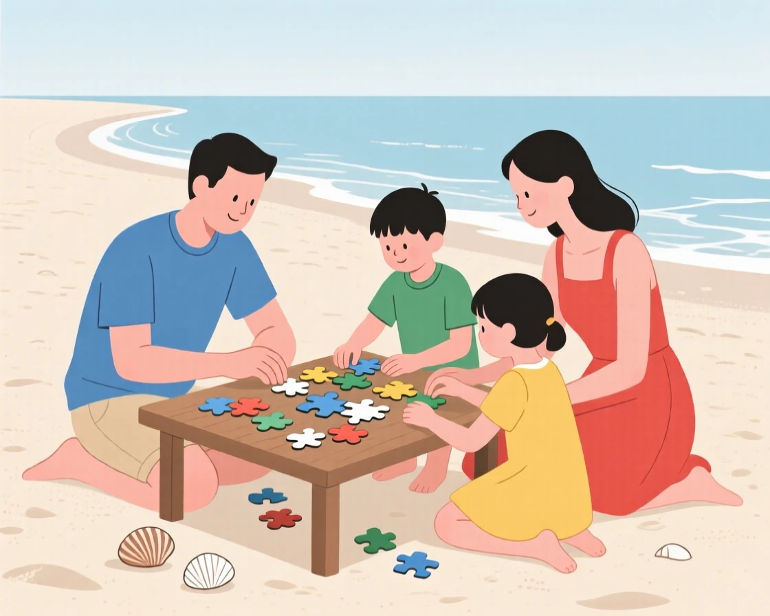 A family putting together a puzzle together on the beach.