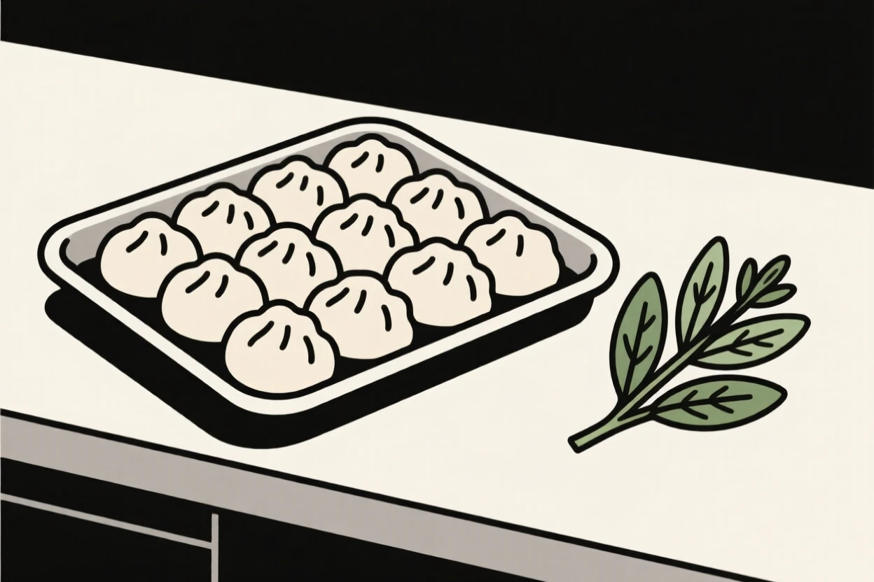 A close-up of tray of dumplings arranged beside fresh herbs in a bakery display counter, full of festive celebration.