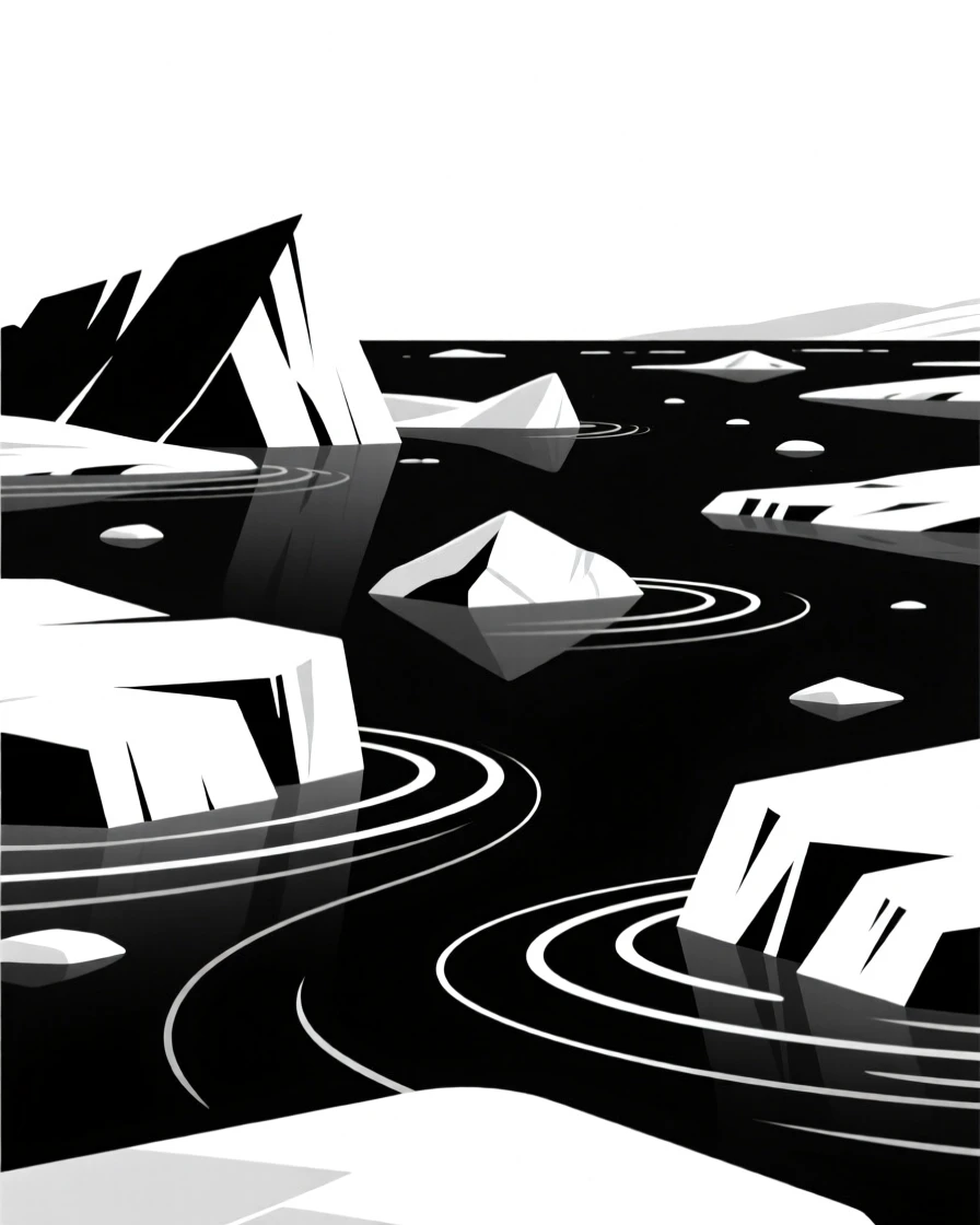 A glacier lagoon dotted with icebergs.